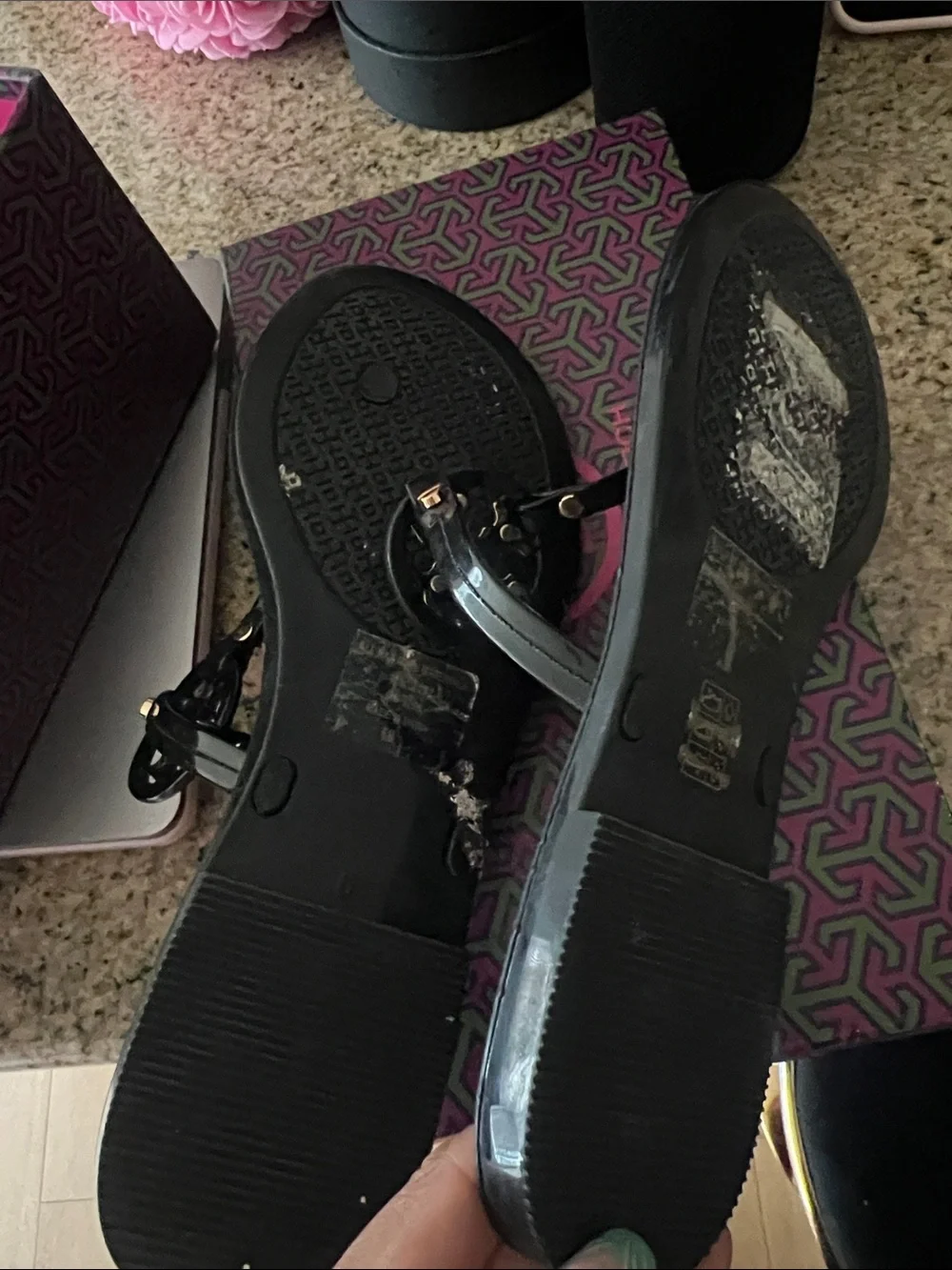 Tory Burch Black Jelly Logo Thong Sandals with Gold Hardware